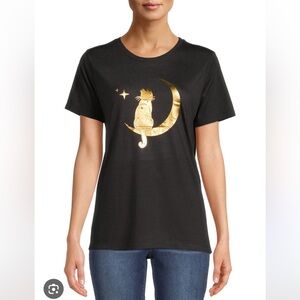 Celebrate It Black Tee with Gold Cat and Moon